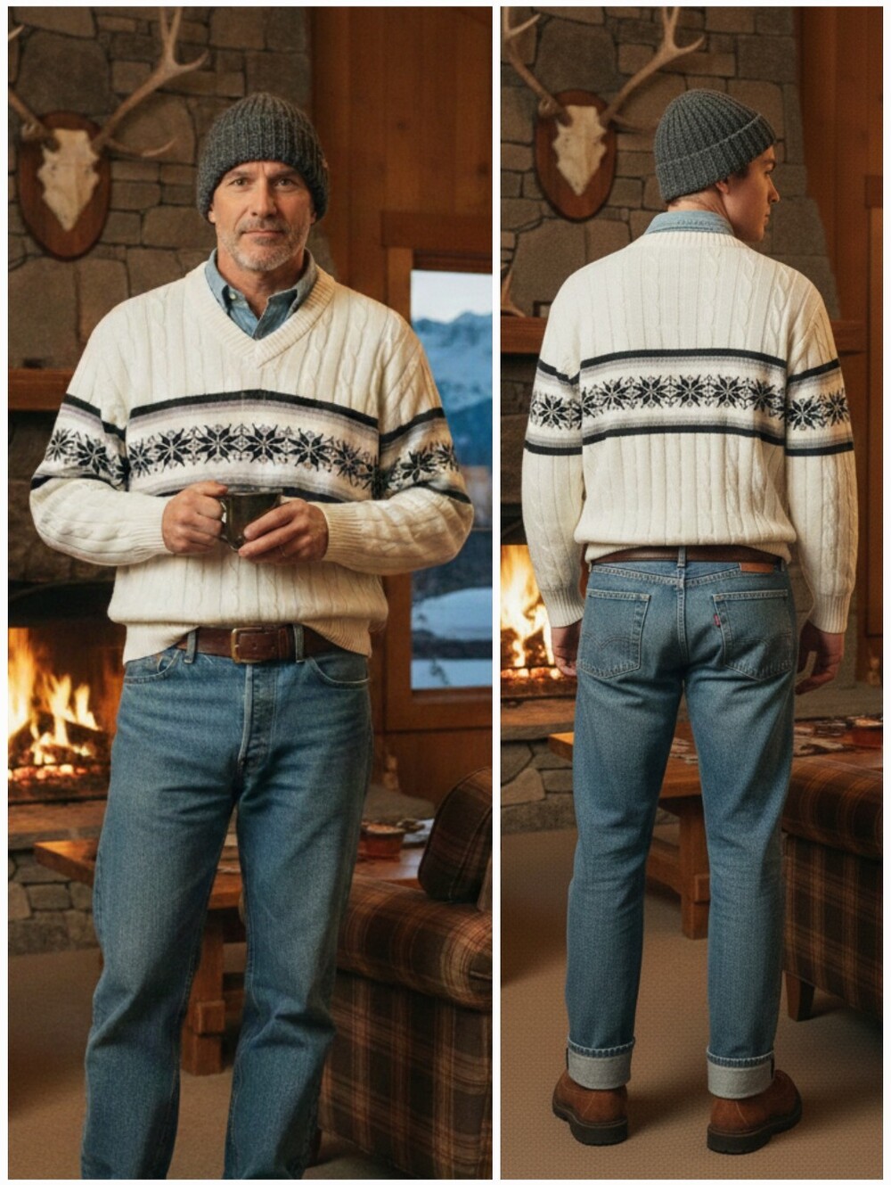 NWOT Jantzen XL Vintage 90s Cabincore Dadcore Ski Lodge Knit V Neck Sweater
